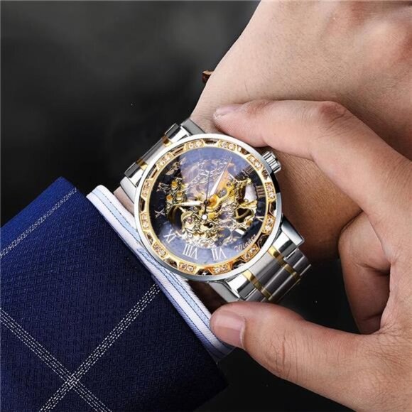 Retro Manual Mechanical Skeleton Watch with Diamond and Carving Flower Craft Men - Picture 5 of 7